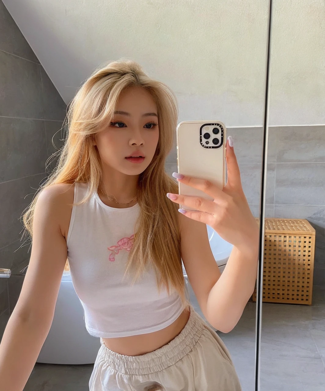 Asian model girl with blonde hair, her expression combines sweetness and seduction, resulting in a cute, sexy and beautiful appearance and natural look