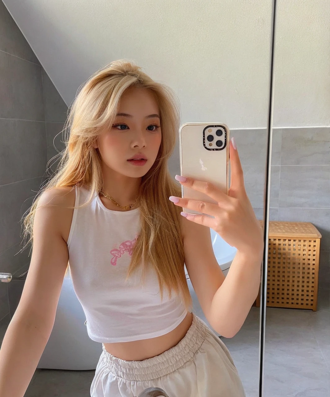 Asian model girl with blonde hair, her expression combines sweetness and seduction, resulting in a cute, sexy and beautiful appearance and natural look
