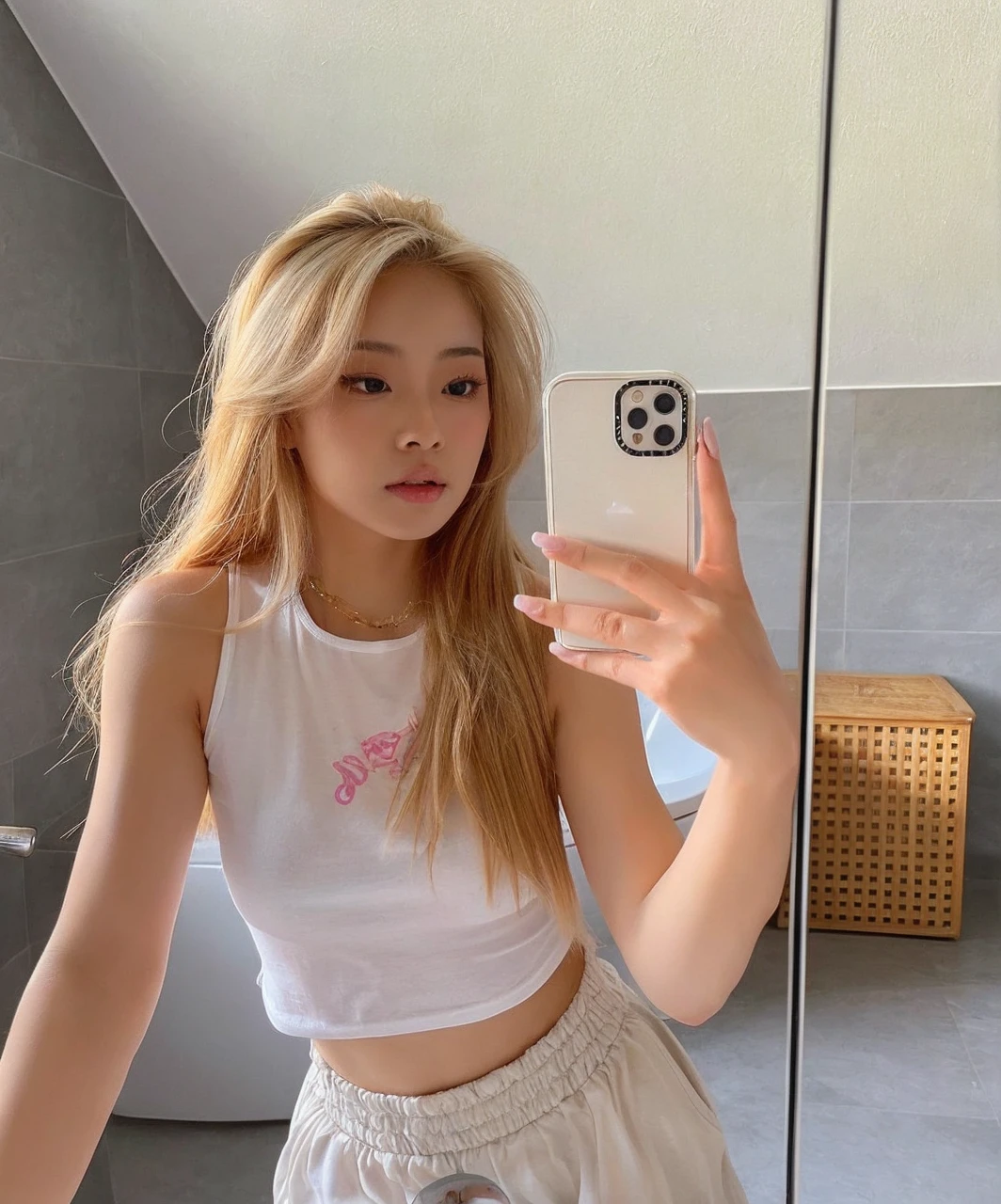 Asian model girl with blonde hair, her expression combines sweetness and seduction, resulting in a cute, sexy and beautiful appearance and natural look