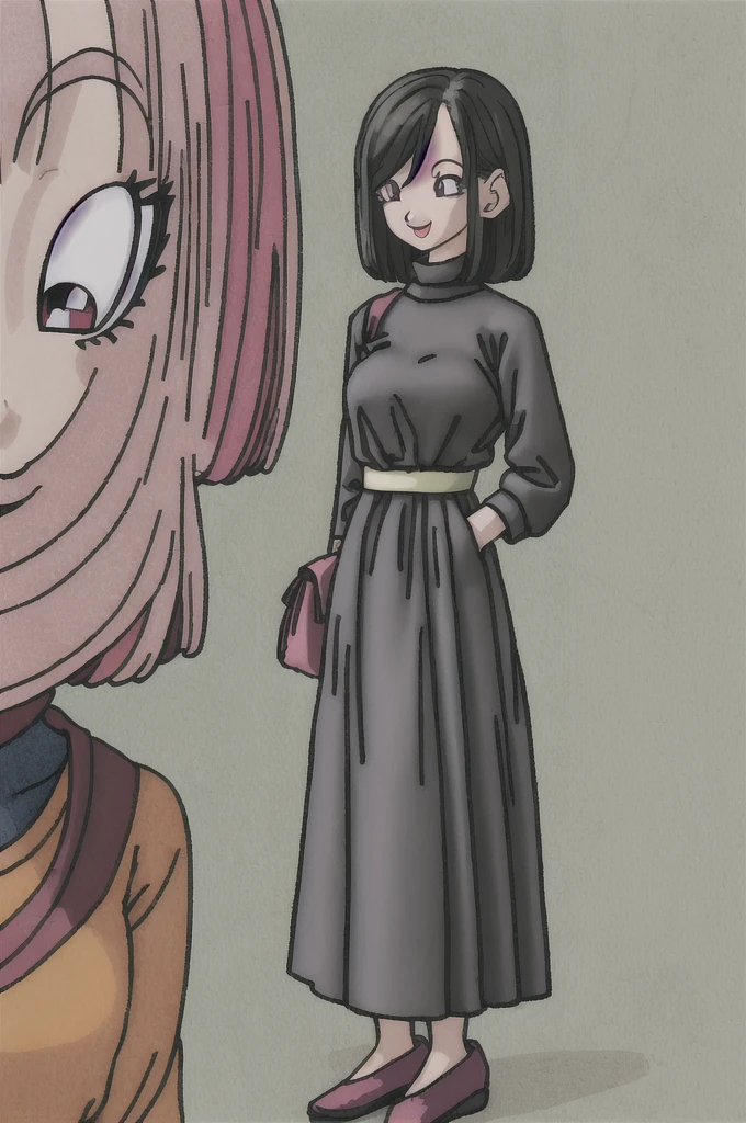 akira toriyama style,1girl, mature lady, solo, modern clothes, long black hair, pink eyes, anime coloring, innocent smile, ((masterpiece)) 