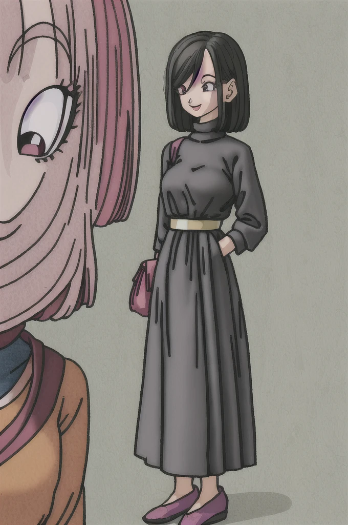 akira toriyama style,1girl, mature lady, solo, modern clothes, long black hair, pink eyes, anime coloring, innocent smile, ((masterpiece))
