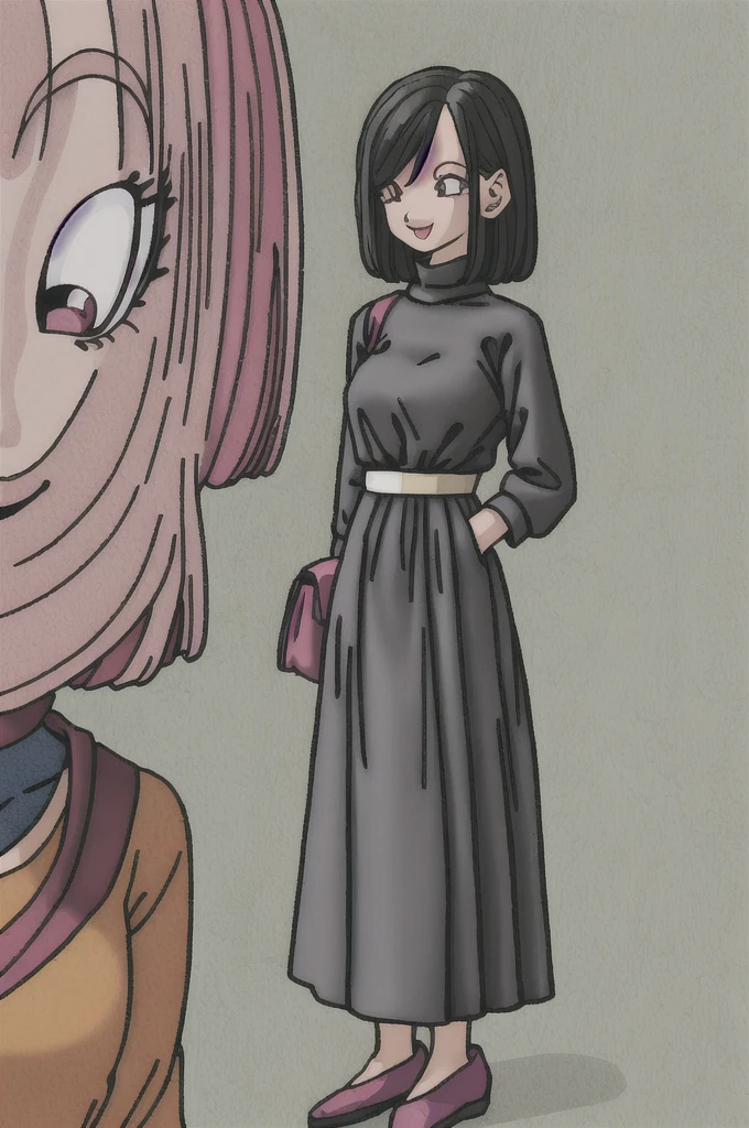 akira toriyama style,1girl, mature lady, solo, modern clothes, long black hair, pink eyes, anime coloring, innocent smile, ((masterpiece))