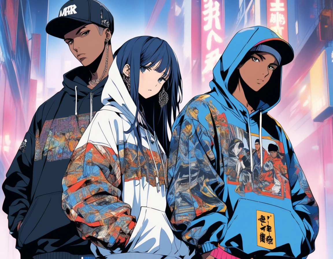 (masterpiece:1.2, highest quality), (Live Action, Intricate details),Hip Hop Style.3 people、Wearing a hoodie