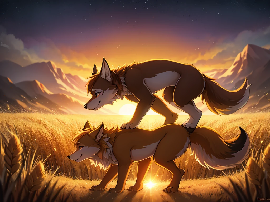 Hallucination, daydream , nightmare , bokeh , Wolves mating dance in a sea of golden wheat , sun set