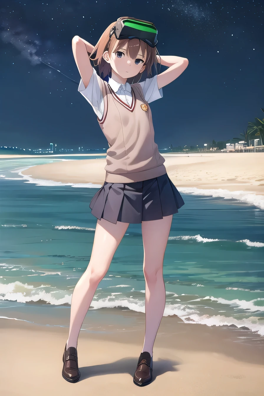 misaka imouto, short hair, brown hair, black eyes, empty eyes, goggles, goggles on head, head-mounted display, , sweater vest, shirt, skirt, white shirt, pleated skirt, v-neck, short sleeves, tokiwadai, solo, night sky, beach, arms behind head, contrapposto, spread armpits, closed mouth, (full body:1.5), looking at viewer,