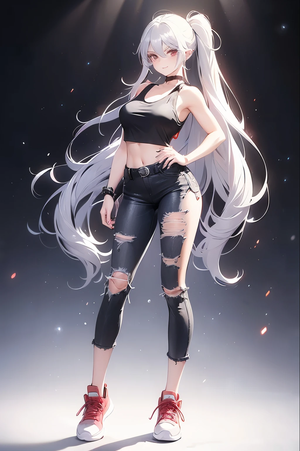 female, silver long hair with black highlights, red eyes,(((full body))), (((1girl))), (((red cropped tank top))), (black denim jeans), (black sneakers), (black belt), (black choker), cute and sexy, full body, large breasts, large butt, long legs, smiling, ultra detailled face