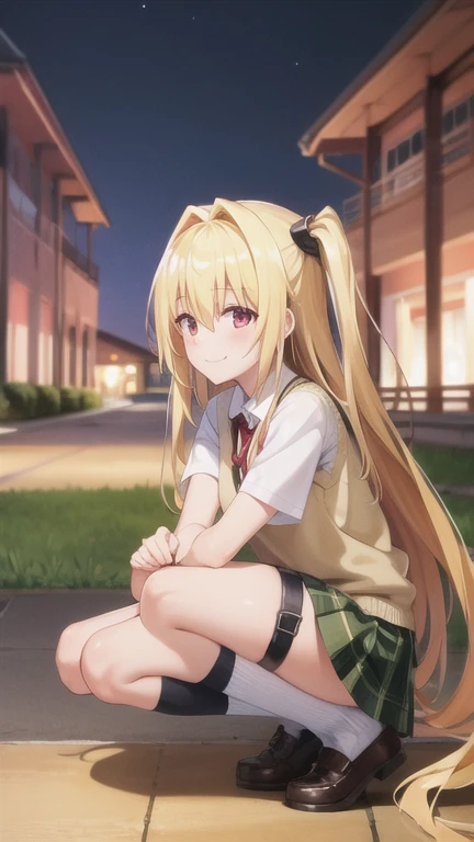masterpiece, best quality, highres, BREAK , phyami, yamisch, long hair,hair ornament, hair between eyes, blonde hair, very long hair,red eyes,
,thigh strap, sweater vest, plaid skirt, plaid, socks, pleated skirt, skirt,
/=yaminor,etached sleeves, black dress=/
BREAK
,
, BREAK ,forced smile,dark temple nighttime, , brown theme, , very wide shot, hands on knees,, knees,