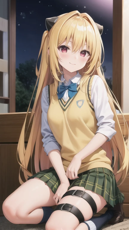 masterpiece, best quality, highres, BREAK , phyami, yamisch, long hair,hair ornament, hair between eyes, blonde hair, very long hair,red eyes,
,thigh strap, sweater vest, plaid skirt, plaid, socks, pleated skirt, skirt,
/=yaminor,etached sleeves, black dress=/
BREAK
,
, BREAK ,forced smile,dark temple nighttime, , brown theme, , very wide shot, hands on knees,, knees,