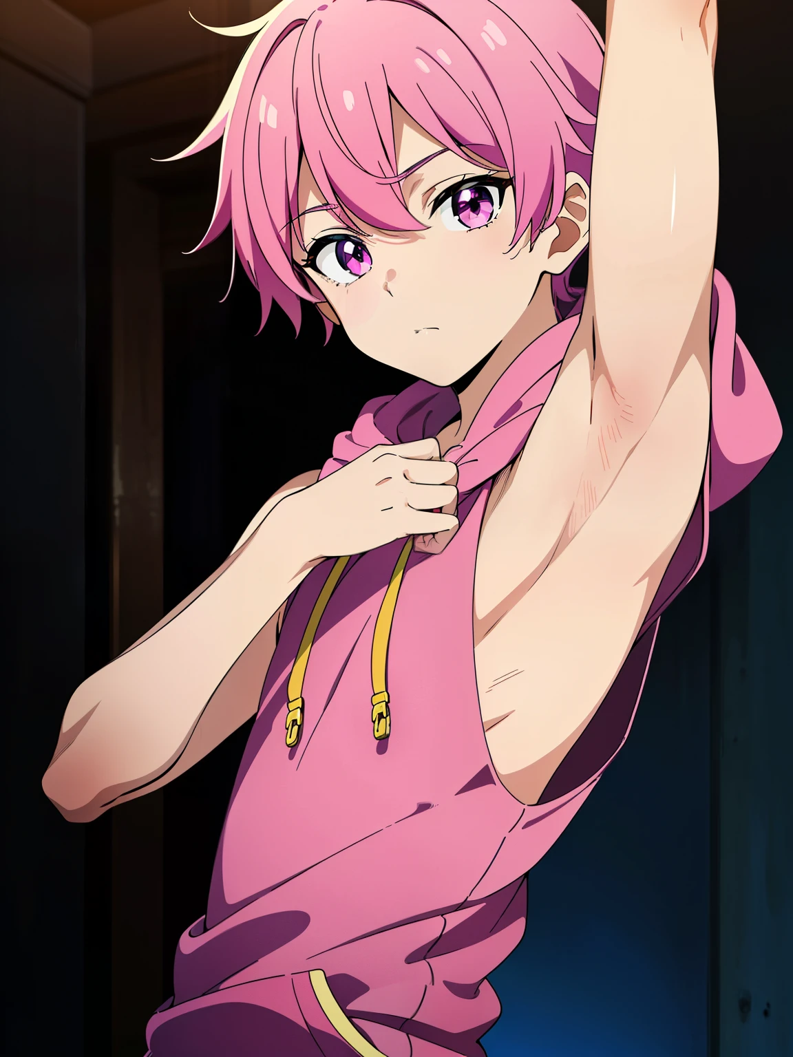 (Highres, Masterpiece, Best quality at best,Best Quality,hight quality, hight detailed, Anime style, 1boy, Shota, Pink hoodie, Sleeveless hoodie, Seen from the front, look at viewer, body, pink eye, (Very young boy), (Very small and short body), s, Such a cute smooth armpit, Focus on the armpit, shine closer to the armpit, Cute armpit, Sexy armpit, beautiful armpits, seductive armpits, a Boy cutely shows his armpit, hansome boy, shiny skin, Uhd, 4k wallpaper