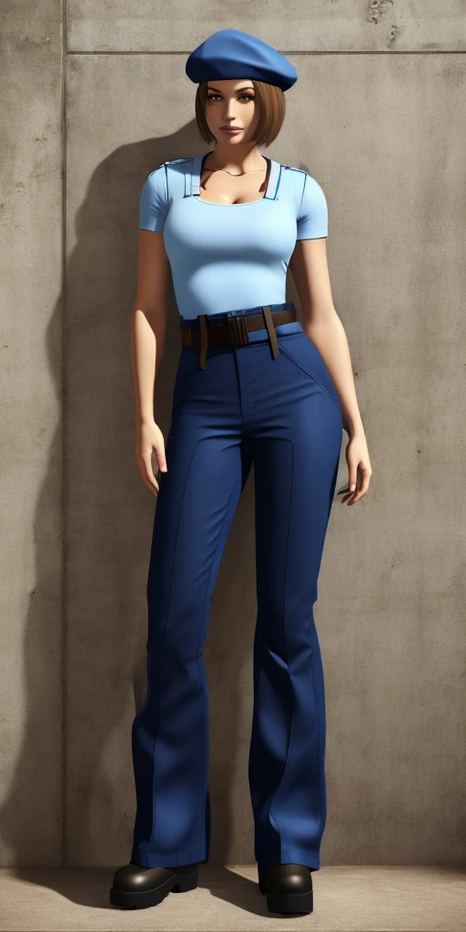 Jill Valentine, full body, masterpiece, best quality, 1girl, solo, standing, jillre1, long hair, beret, uniform, shoulder pads, short sleeves, harness, belt, bell-bottom blue pants(Wide flares on pants:1.2), cleavage, black boots, full body, perfect blue eyes, perfect red mouth,