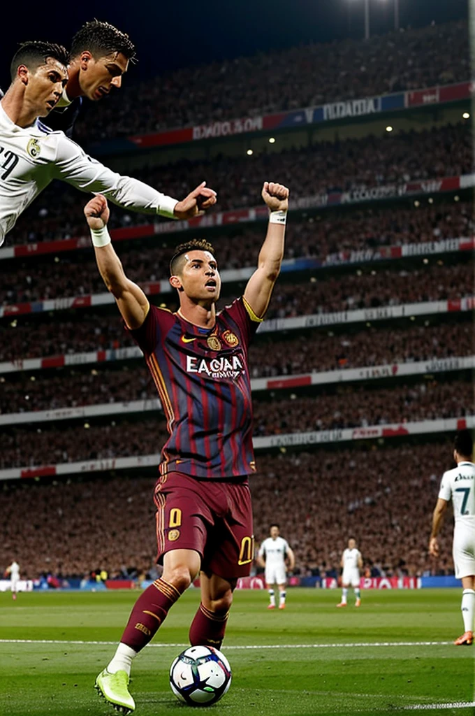 Create Cristiano Ronaldo scoring a goal and Messi crying behind him