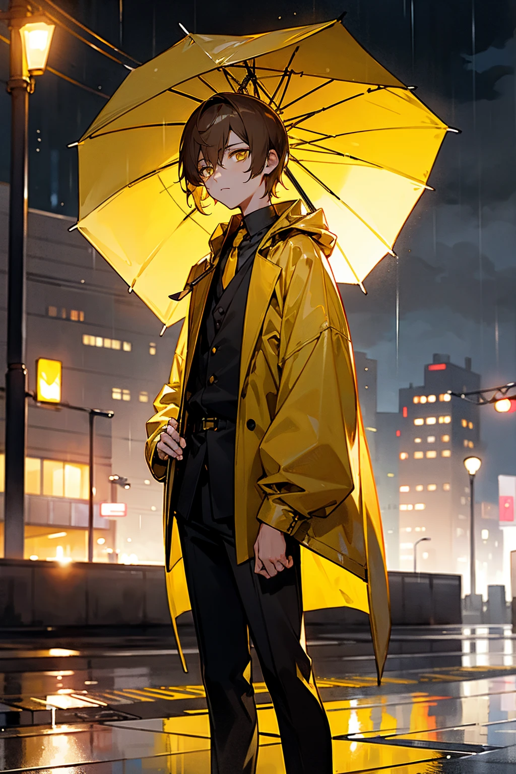1male, brown hair, comb over, yellow eyes, yellow hair, expressionless, raincoat, black undershirt, raining, reflective light, city background, detailed background, hands to side, standing on path