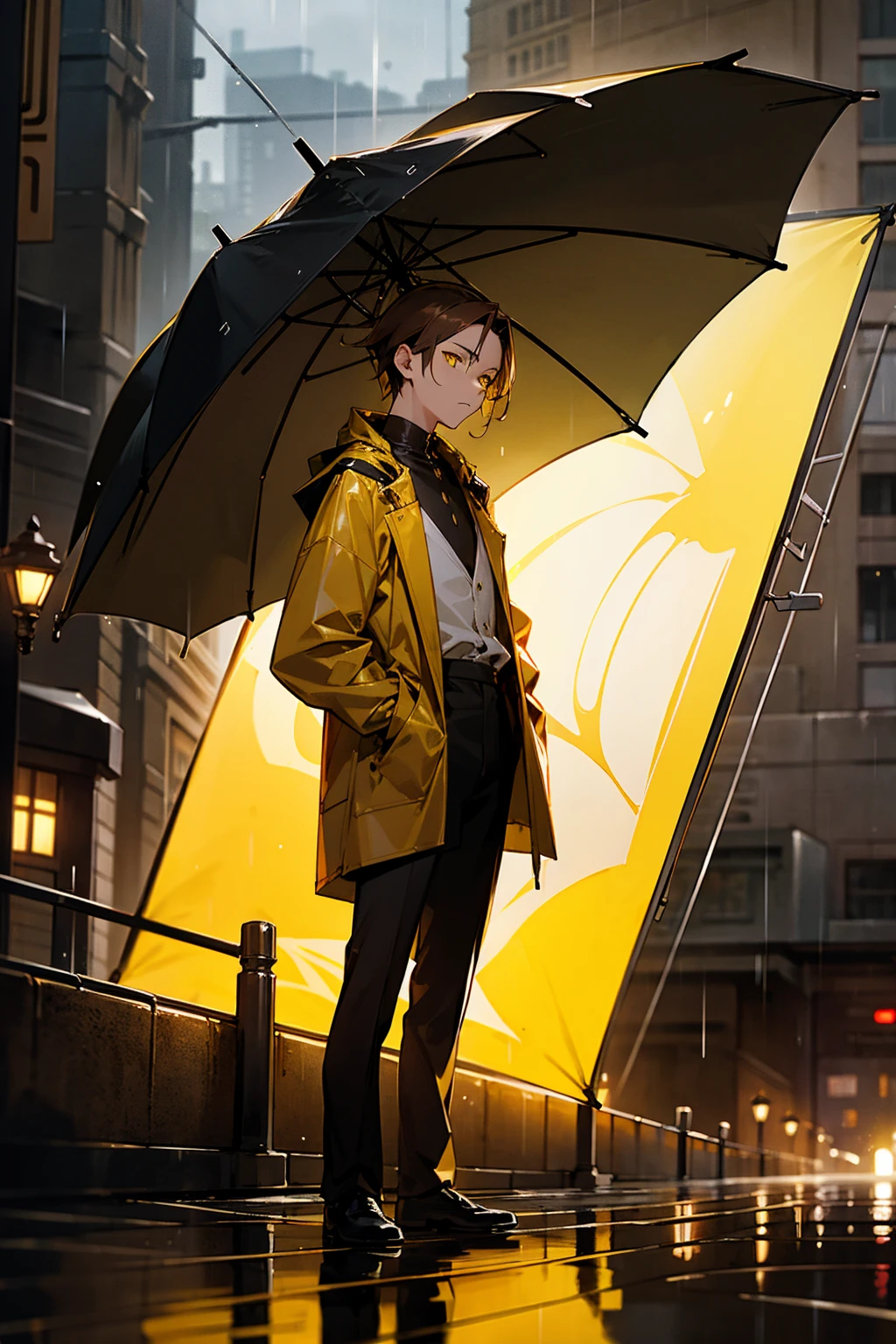 1male, brown hair, comb over, yellow eyes, yellow hair, expressionless, raincoat, black undershirt, raining, reflective light, city background, detailed background, hands to side, standing on path