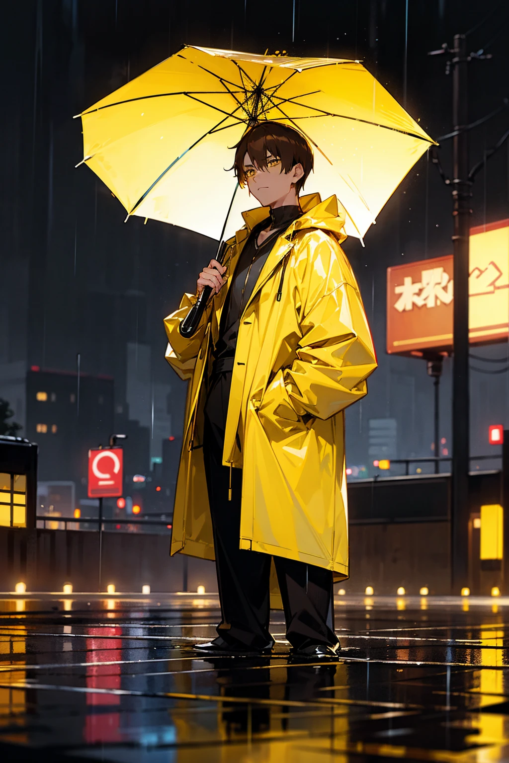 1male, brown hair, comb over, yellow eyes, yellow hair, expressionless, raincoat, black undershirt, raining, reflective light, city background, detailed background, hands to side, standing on path