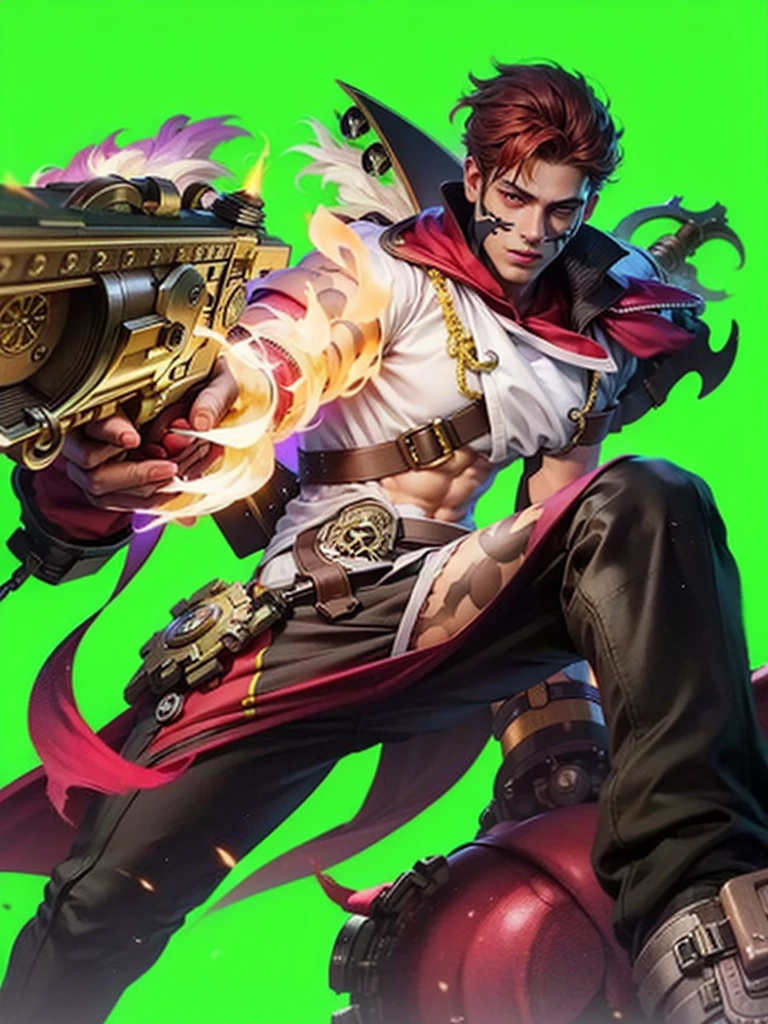 1 boy, detailed facial features, red eyes, confident expression, red hair, holding gun, mask, malw focus, detailed foliage, intricate textures, realistic, concept art style