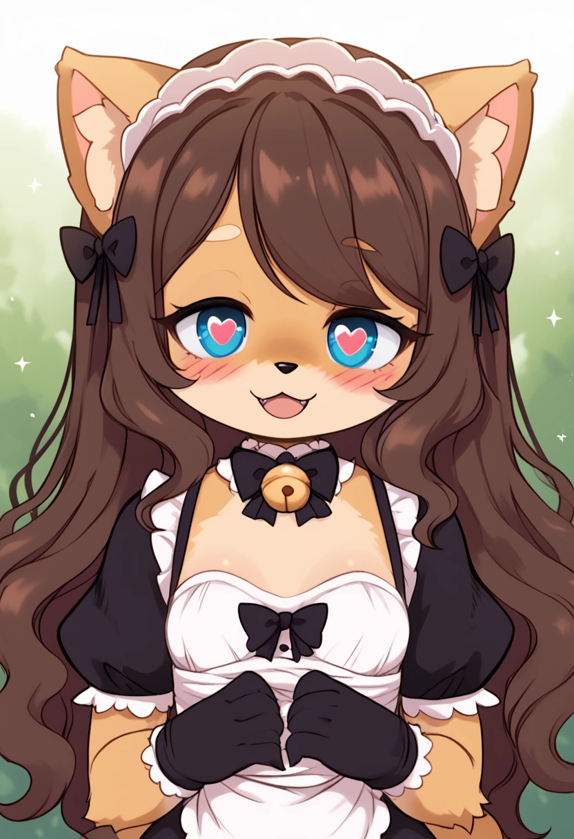best quality,best resolution,(fluffy anthro furry :1.6),(young :1.6),cat girl,small breasts,dark brown hair,long hair,wavy hair,curvy hair,gold canine fur,gold dog tail,gold fur,blue eyes,glistering eyes,sparkle eyes,small bell collar,maid outfit,maid headdress,maid gloves,ruffles,beautiful cafe,white light,looking at viewer,full face blush,happy face,smile,heart eyes,heart expression eyes,very close eyes,one eyes close,sexy pose, lush breasts