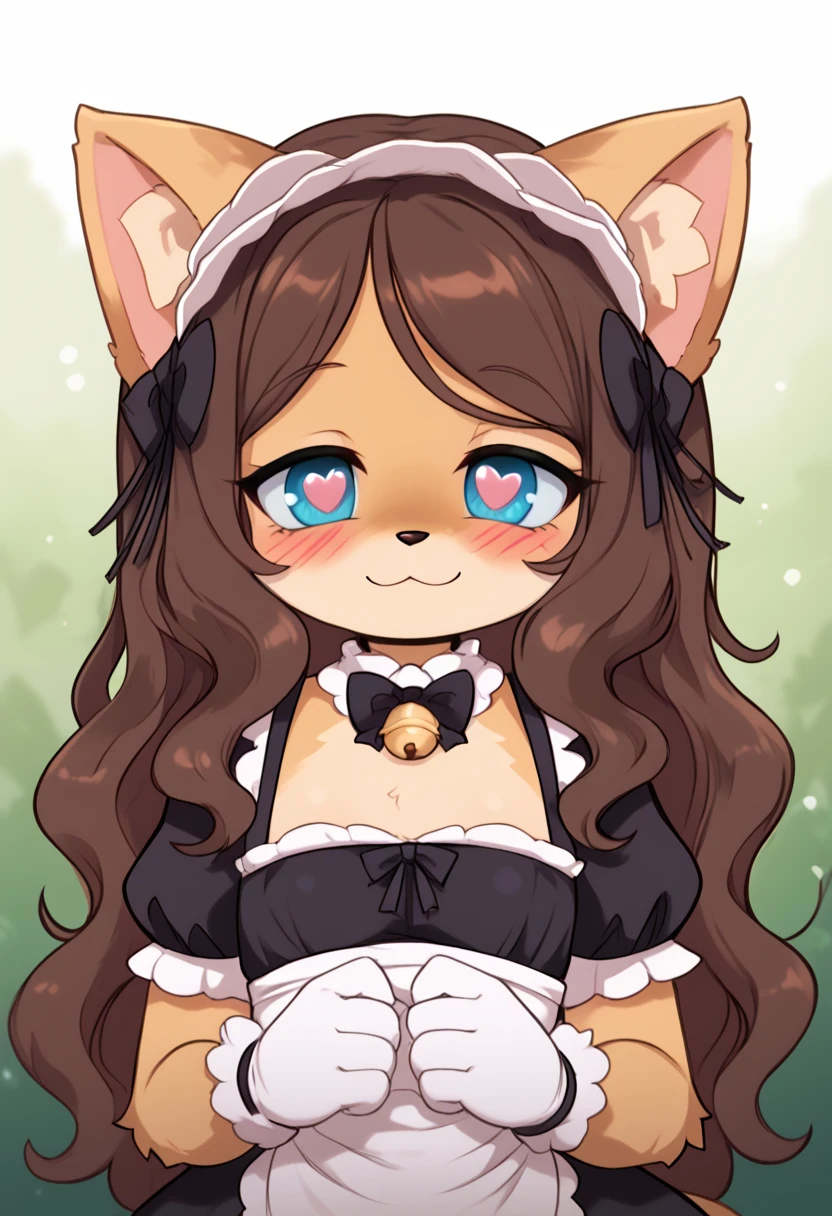 best quality,best resolution,(fluffy anthro furry :1.6),(young :1.6),cat girl,small breasts,dark brown hair,long hair,wavy hair,curvy hair,gold canine fur,gold dog tail,gold fur,blue eyes,glistering eyes,sparkle eyes,small bell collar,maid outfit,maid headdress,maid gloves,ruffles,beautiful cafe,white light,looking at viewer,full face blush,happy face,smile,heart eyes,heart expression eyes,very close eyes,one eyes close,sexy pose, lush breasts