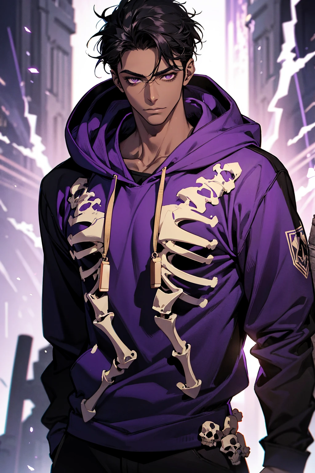 male with bones, looking away from camera, skulls, bones, handsome, black, dark skin, tall, broad shoulders, black hair, purple, purple fire, magic, detailed face, fantasy, hoodie
