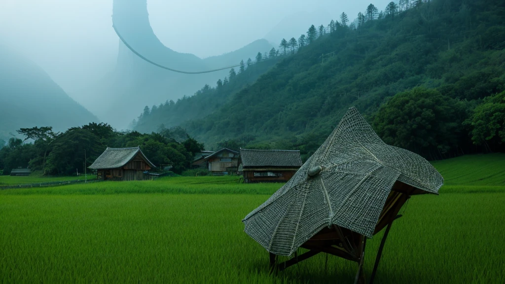 Paddy fieldを歩いている男がいる, in the background is a hut with Paddy field, Paddy field, Paddy fieldに植えられたきれいな稲の苗, hazey rain, village, agriculture, In a quiet landscape, hazey weather, In a vast and peaceful landscape, early morning, in the morning haze, 小さなvillageの裏, haze, Japanese countryside, Thatched roof --v 6　Black and white photography