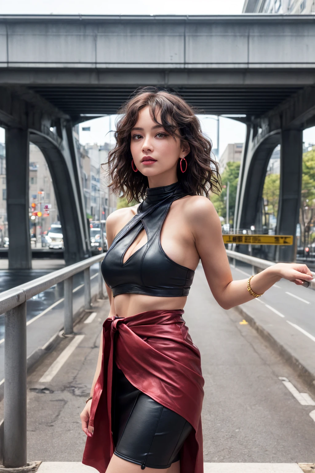 White skin, aqua eyes,
((((Accurate ))),((( very detailed ))),((( high detail ))),((( best quality ))),((( 16k ))),((( masterpiece))),
((First-person view)),
A girl?
On the overpass at night, neon lights flashed, and under the bridge was the street of Ma Long.
Her fluffy, wavy hair was casually draped over her shoulders.
Red petal earrings.
She was wearing a black leather jacket on the outside and a red silk suspender skirt on the inside.
He wore a wide black belt around his waist and a retro metal bracelet on his hand.
There was a hint of confusion and sadness in his eyes,
Leaning on the railing of the overpass, he looked at the vehicles and pedestrians under the bridge.
