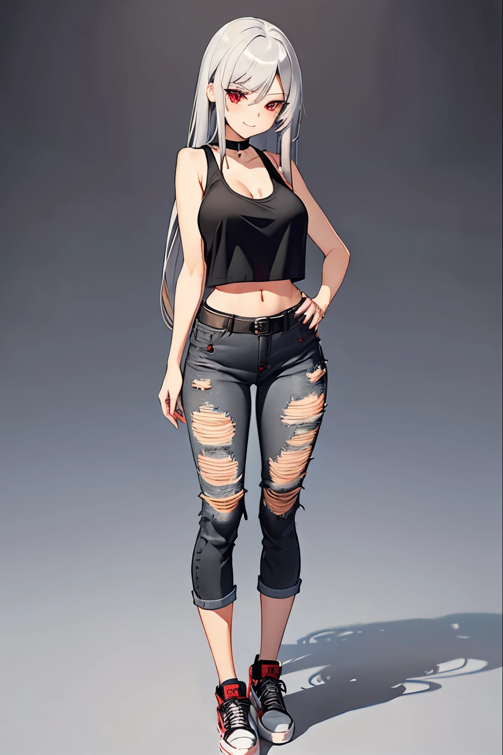 female, silver long hair with black highlights, red eyes,(((full body))), (((1girl))), (((red cropped tank top))), (black denim jeans), (black sneakers), (black belt), (black choker), cute and sexy, full body, large breasts, large butt, long legs, smiling, ultra detailled face