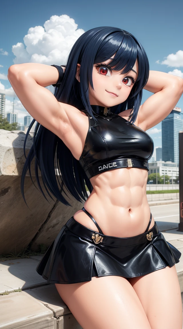 (cabello despeinado), (illustration), retrato, (fondo de ciudad futurista), (arms behind back), Cintura delgada, gran sonrisa, abdominales fuertes, chica delgada, strong abs, muscle girl, front pose, big thighs, focus on face, flat chested, large city background, blue hair, red eyes, skirt, sit on rock, detailed vagina, nude, heavy armor suit