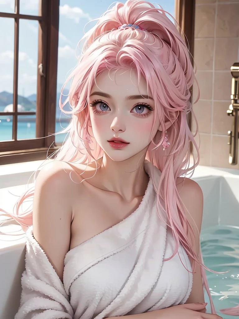 Beautiful woman in bath towel，Greasy and shiny pink lipid hair，（Upper Body）Features