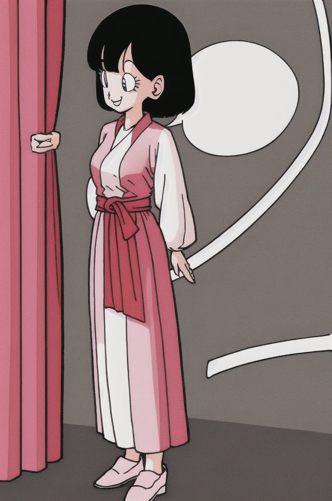 akira toriyama style,1girl, mature lady, ((solo:1.4)), modern clothes, long black hair, pink eyes, anime coloring, innocent smile, ((masterpiece)) 