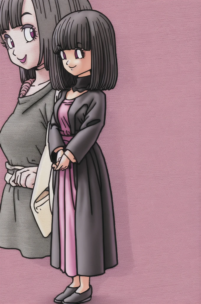 akira toriyama style,1girl, mature lady, ((solo:1.4)), modern clothes, long black hair, pink eyes, anime coloring, innocent smile, ((masterpiece)) 