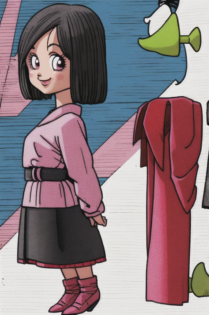 akira toriyama style,1girl, mature lady, ((solo:1.4)), modern clothes, long black hair, pink eyes, anime coloring, innocent smile, ((masterpiece))
