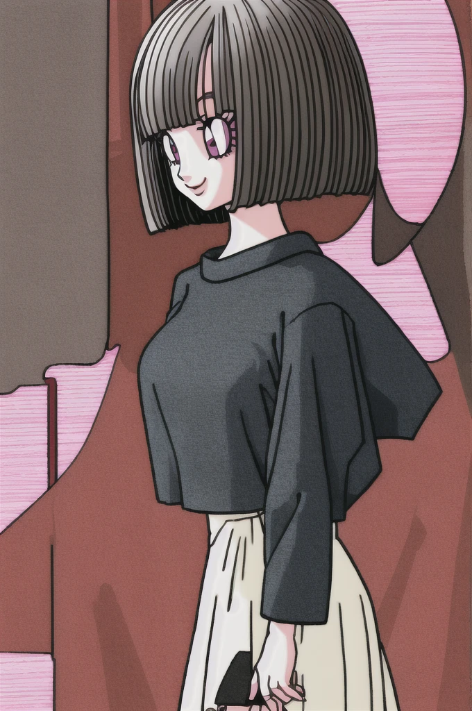 akira toriyama style,1girl, mature lady, ((solo:1.4)), modern clothes, long black hair, pink eyes, anime coloring, innocent smile, ((masterpiece)) 