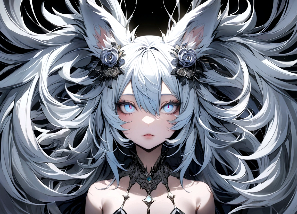 fox Light blue hair 　beast girl　fox beast girl　indigo fur　gray hair