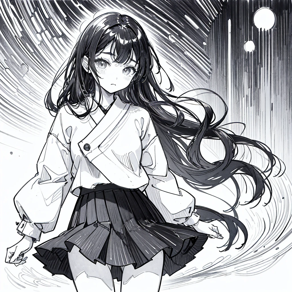 One Girl,Line art,Monochrome,sketch,鉛Pen画,Pen,Traditional Media,One Girl, skirt,,skirt, alone、Cute Teenage Girl, ,Beautiful portrait、Delicate body、Esbian all over、Black Hair、Black Hair,landscape