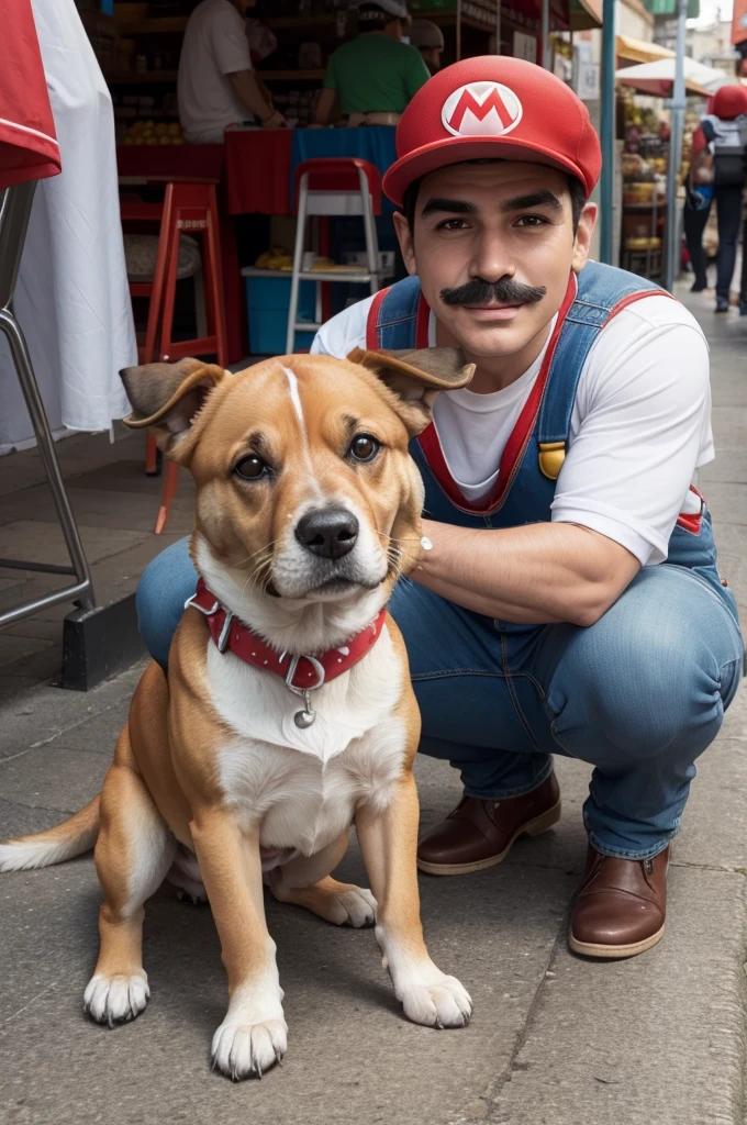 Super Mario junto com cachorro pulando no mercado
