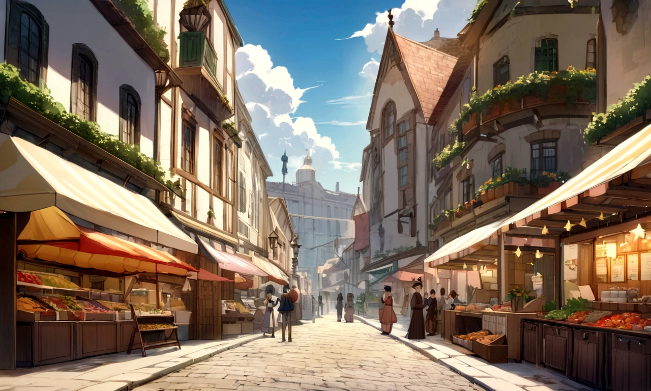((((masterpiece, Best Quality, High resolution)))), High detail, manga,anime,Illustrated style,Use of bright colors,Ghibli Studio「Howl's Moving Castle」The colors are like those used in daytime scenes., Medieval European fantasy worldview, There is no castle in the background, Fountain Square, Market Square during the day, Festival scene in the square, Stalls on both sides of the screen、Sparkling water gushes out in the sunlight., Large space, Bustling food stalls,Lots of food stalls,There aren't many people,人の着ている服はGhibli Studioの魔女の宅急便のような雰囲気, RPG-like scenery, Colorful stalls selling delicious looking foods, The sky is bright blue、Fluffy white clouds floating, And the sun is shining brightly, Create a magical and cozy atmosphere, It's winter but the atmosphere is bright.