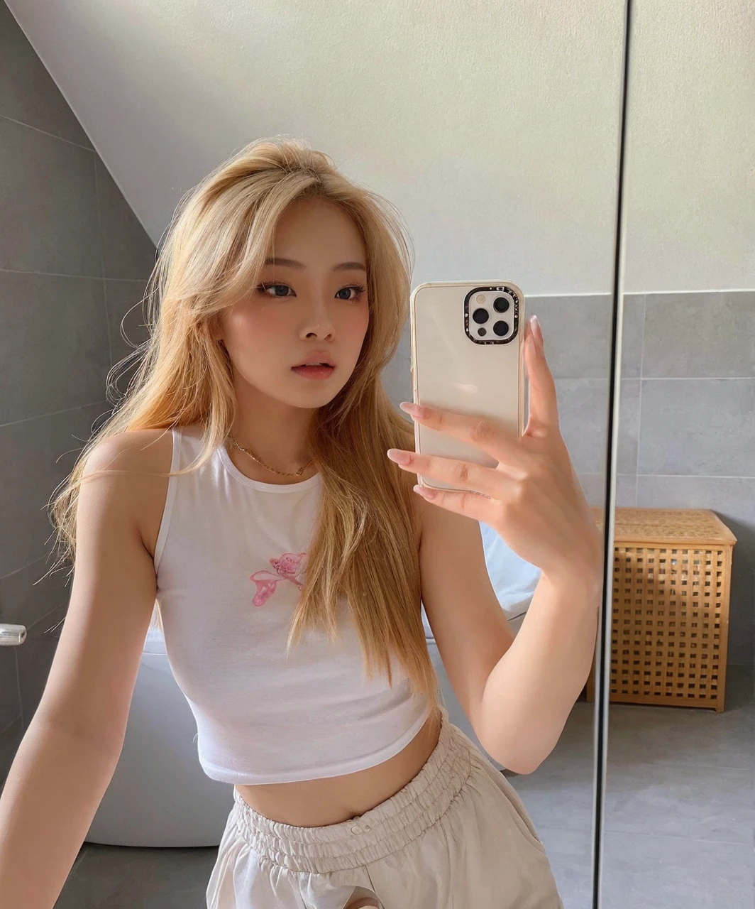 Asian model girl with blonde hair, her expression combines sweetness and seduction, resulting in a cute, sexy and beautiful appearance and natural look