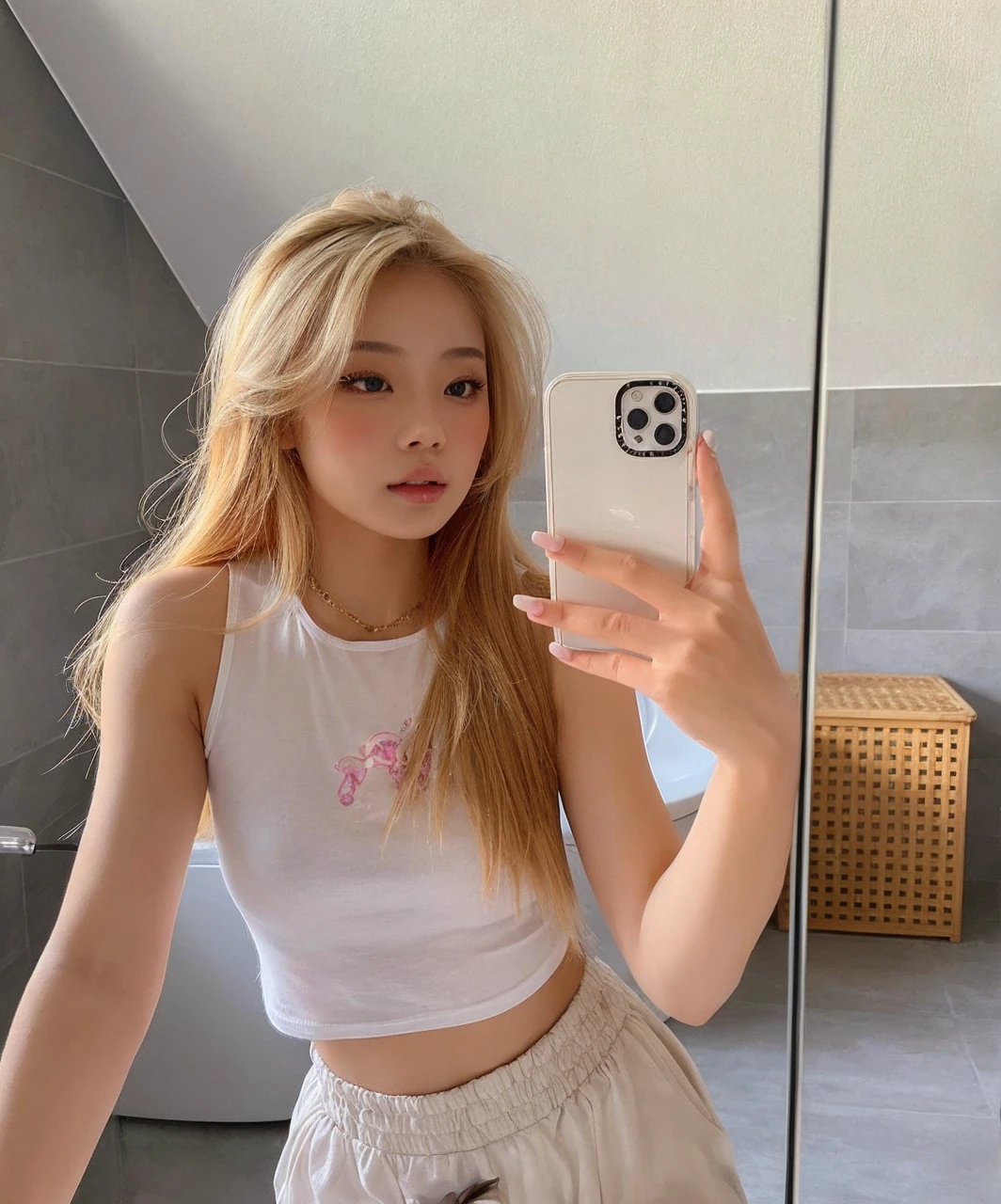 Asian model girl with blonde hair, her expression combines sweetness and seduction, resulting in a cute, sexy and beautiful appearance and natural look