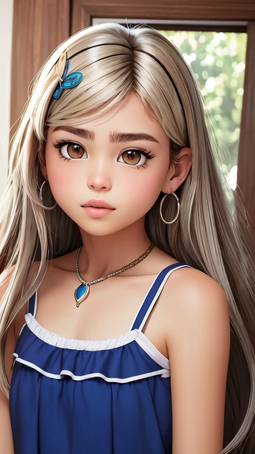 olhar brilhante、fotorrealismo、mais alta qualidade、super high resolution、foto、Foto de uma linda garota escandinava、Extraordinary and beautiful girl、Detalhes bonitos e bonitos do rosto、(Face the children_v1:0.008)、linda franja、Alice no Pais das Maravilhas、18 anos、pele branca brilhante、loose hair that extends to the face、franja entre os olhos、cabelo super longo、Atraente loiro platinado claro e escuro, cabelo super longo, liso e sedoso、cabelo fino、Encantador, brilhante, lindo, claro, azul claro, olhos grandes、avental branco、vestido amarelo、delineador、double eyelid、busto rico