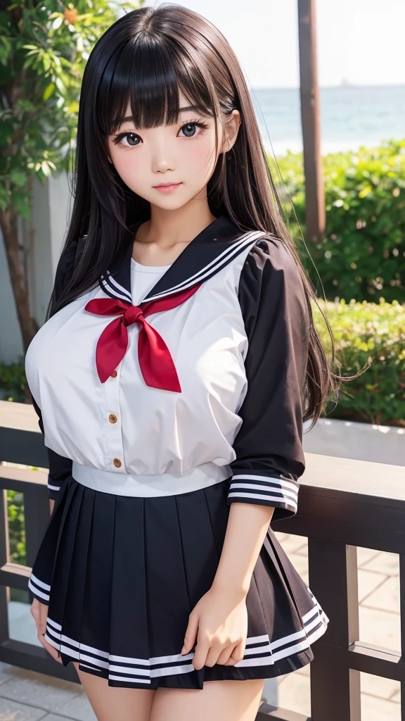 Detailed face、highlight、Asian Girl、thigh、breast enhancement、black髪、Heavy bangs、skirt、Sailor suit、red、black、white