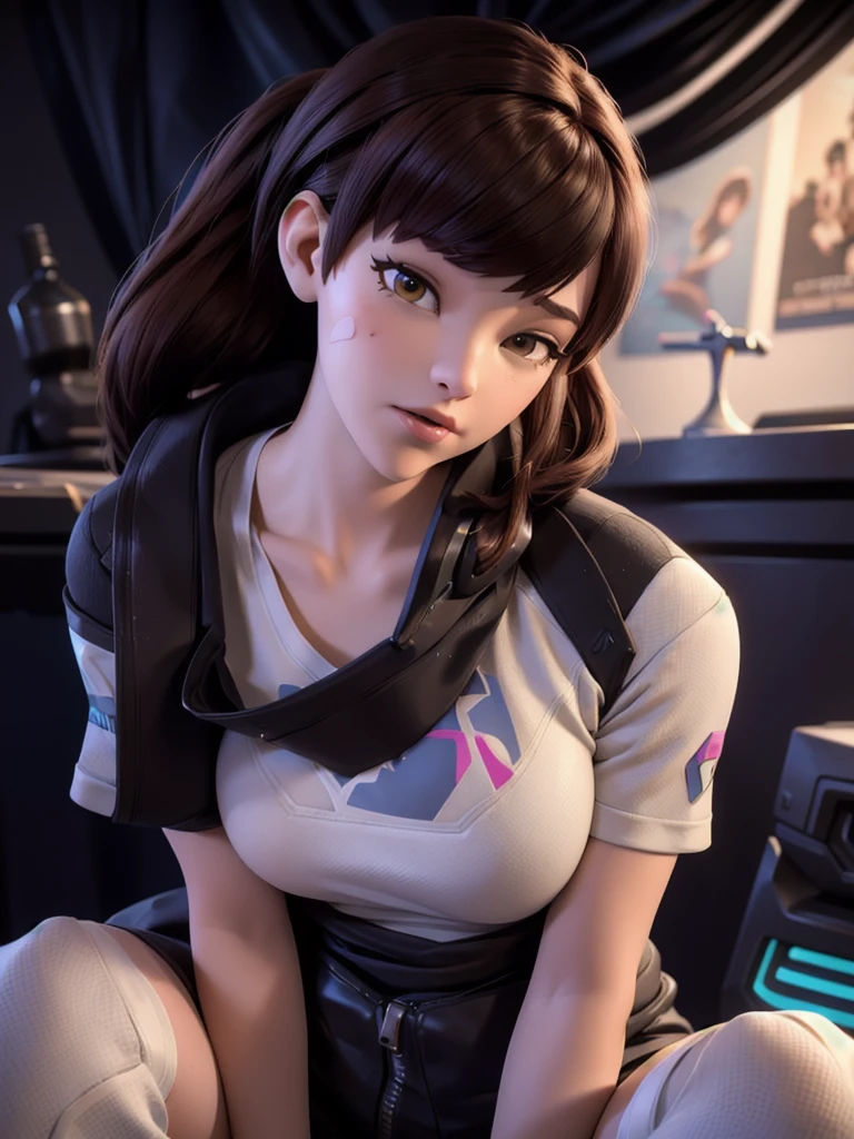 (DVA from Overwatch) without mech, a woman with short brown hair in a (ponytail),she sits on her bed with her legs spread, high quality refelctions, volumetric lighting, wearing a (plain white t-shirt), in her bedroom on her bed, 1 girl solo, cinematic lighting, high resolution, physically-based rendering, 8k, volumetric lighting, hyperrealistic, detailed facial features, masterpiece, full upper body, gaming setup in background, cinematic, you can see the fabric of the shirt and the knits very detailed, small breasts, nsfw, the focus is on her whole body and the environment, cinematic screenshot, you can see the whole room and her sitting on the bed