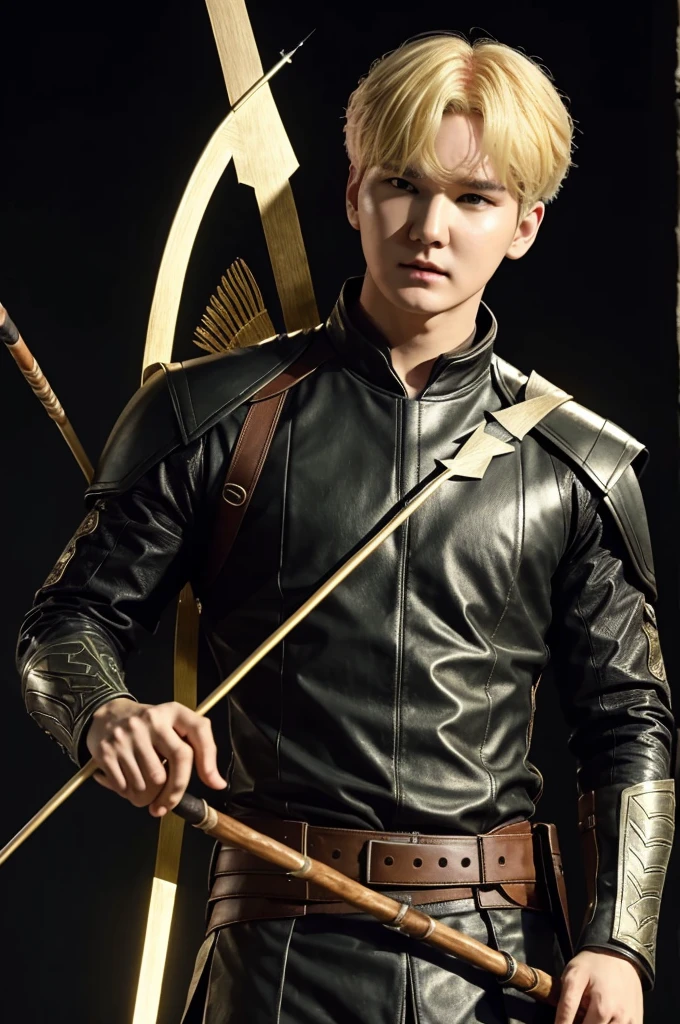 Yoongi de bts vestido como el arquero de los Avengers, con un fondo de cielo azulado con relampagas, where he has an arrow and bow in his hand while he carries the other arrows on his back and his hair is blonde