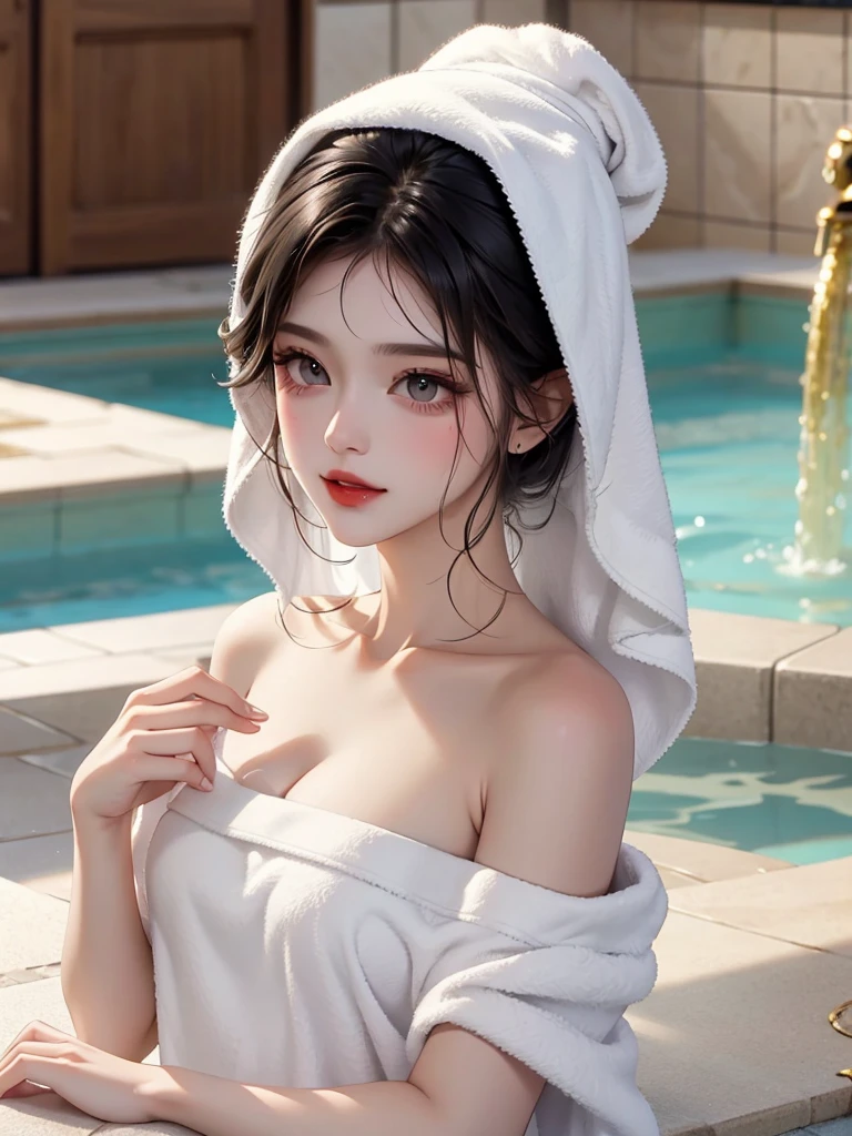 Beautiful woman in bath towel,Greasy and shiny black lipid hair,(Upper Body)Features