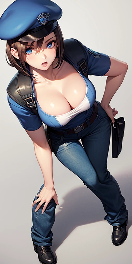 Jill Valentine, full body, masterpiece, best quality, 1girl, solo, standing, jillre1, long hair, beret, uniform, shoulder pads, short sleeves, harness, belt, bell-bottom blue pants(Wide flares on pants:1.2), cleavage, black boots, full body, perfect blue eyes, perfect red mouth,