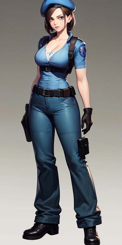 Jill Valentine, full body, masterpiece, best quality, 1girl, solo, standing, jillre1, long hair, beret, uniform, shoulder pads, short sleeves, harness, belt, bell-bottom blue pants(Wide flares on pants:1.2), cleavage, black boots, full body, perfect blue eyes, perfect red mouth,
