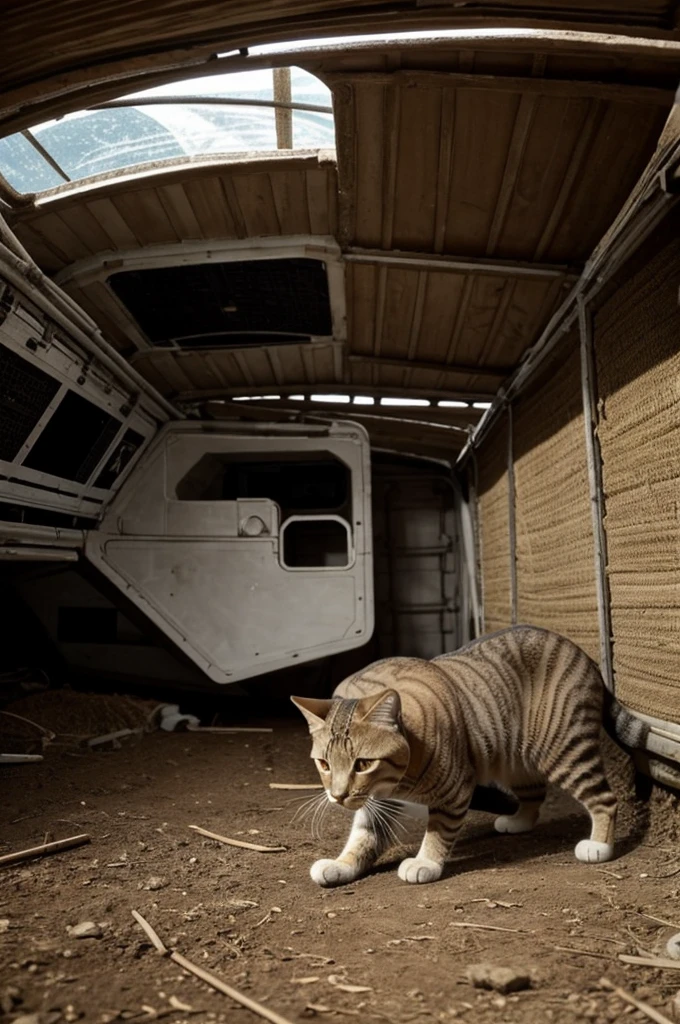 Gato encuentra una nave espacial en el campo durante el dia
