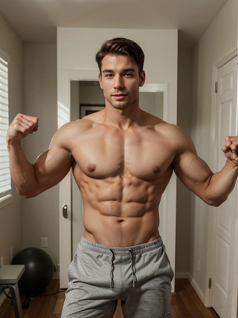 Handsome fitness guy with no clothes or pants was controlled