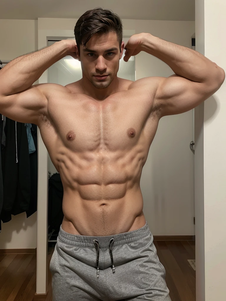 Handsome fitness guy with no clothes or pants was controlled