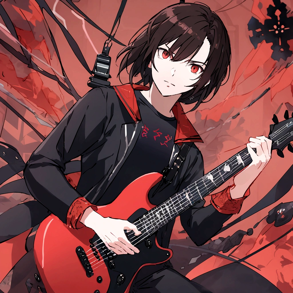 a black-haired anime man ,extremely detailed portrait,cinematic lighting,dramatic dynamic pose,8k resolution,stunning masterpiece,black background,black electric guitar in hand