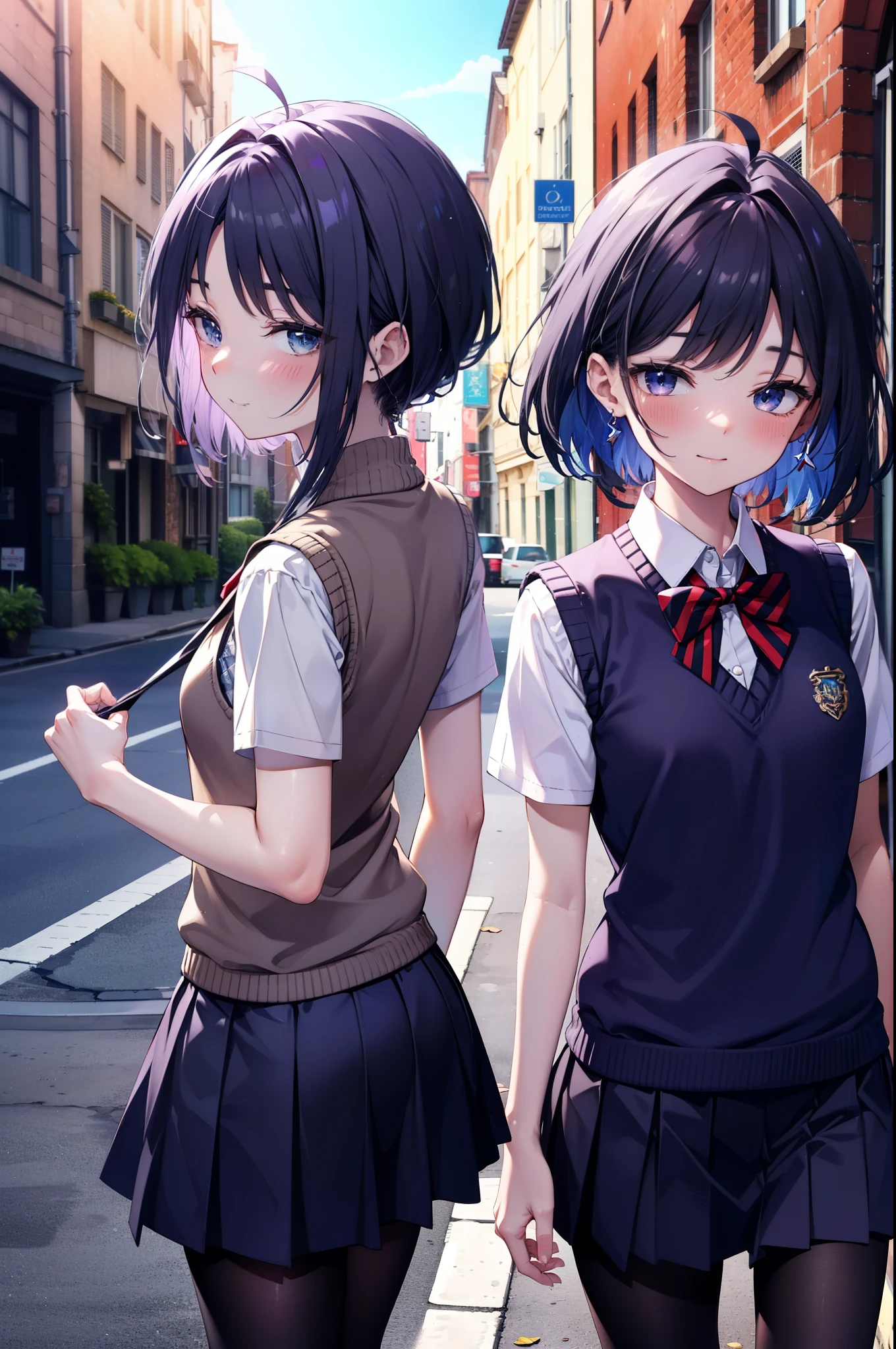 yuukikonno, Yuki Konno,Black Hair,short hair,Bob Hair ,Ahoge,Green headband,(iris:1.5), (Small breasts:1.2), smile,break skirt, shirt, bow, ribbon, , white shirt, Short sleeve, Pleated skirt, collared shirt, mini skirt, bowtie, 茶色のloafers , Black Skirt, Black Pantyhose, loafers, black bow, Sweater vest, (back Sweater vest:1.5),whole bodyがイラストに入るように,walk,
break outdoors,  city,Area,
break looking at viewer, whole body,
break (masterpiece:1.2), highest quality, High resolution, unity 8k wallpaper, (shape:0.8), (Beautiful details:1.6), Highly detailed face, Perfect lighting, Highly detailed CG, (Perfect hands, Perfect Anatomy),