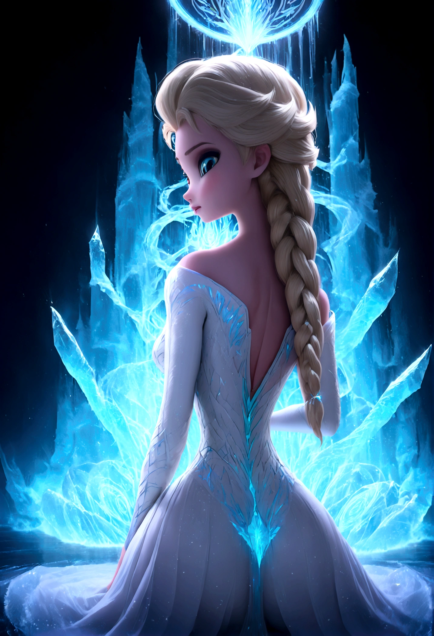 1girl, elsa \(frozen\) sitting by frozen lake, sysdeep_elsa, (single braid), (white_armor), casting, spell, ice, snow, magic_circle, upper body, long hair, worm light, solo, disney, (Back View, from behind:1.4), looking back over shoulder, anime screenshot, source_anime, dramatic composition, cinematic dynamic action scene, vibrant colors, cinematic lighting, dramatic lighting, best quality, masterpiece, very aesthetic, perfect composition, intricate details, ultra-detailed